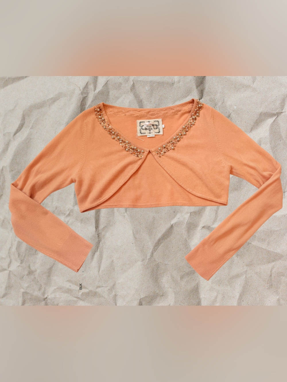 Sugar Lips Peach Beaded Cardigan Size L Pearl Embellished Cropped Sweater